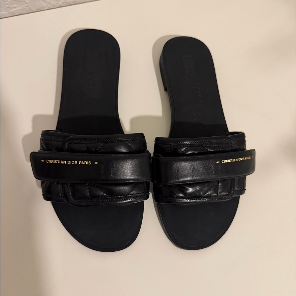 Dior Black Quilted Leather Slide Sandals with Gold Logo
